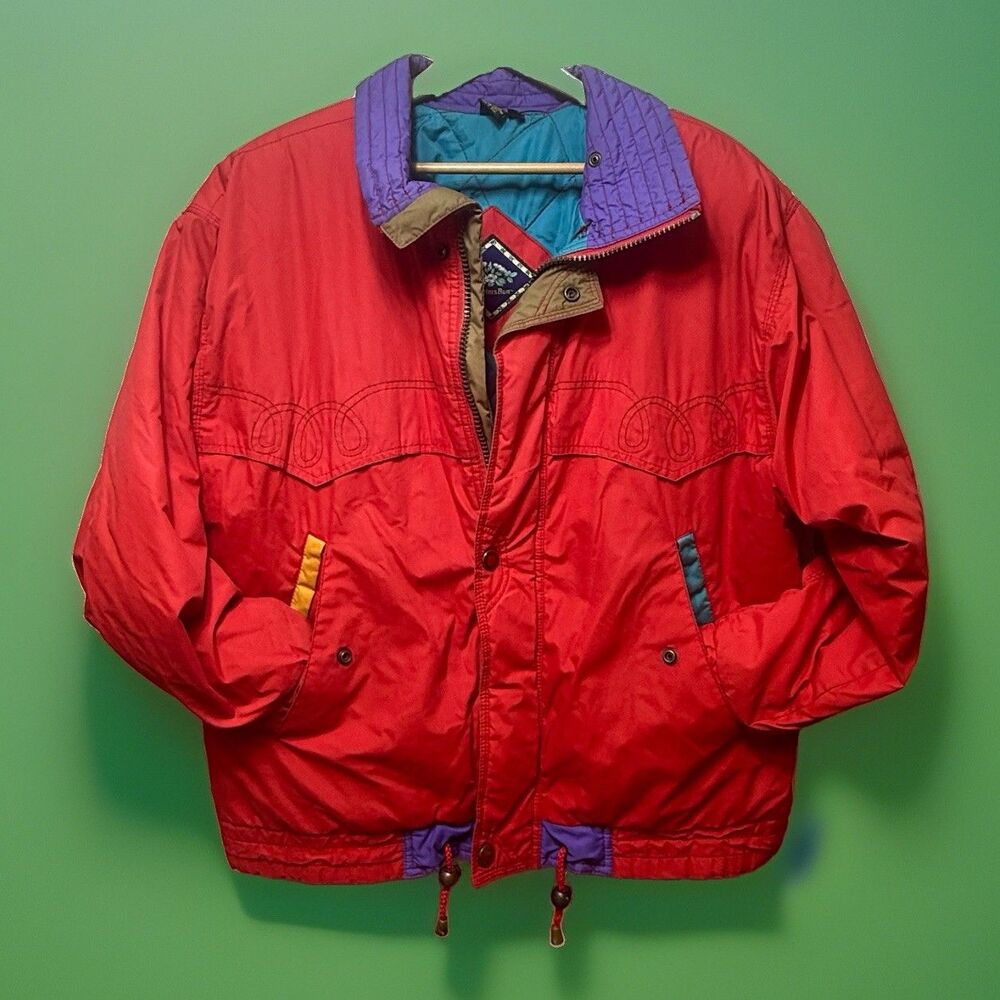 Vintage Color Block Ski Jacket  80s 90s Hunters Run Retro Bright Red Purple Sz M